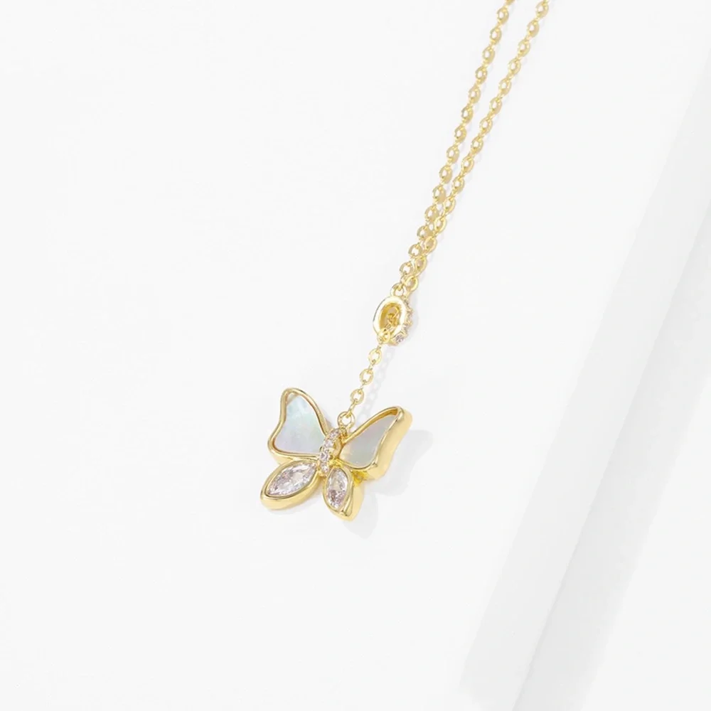 Butterfly Y Necklace | Mother of Pearl & CZ Stone 14k Gold Plated